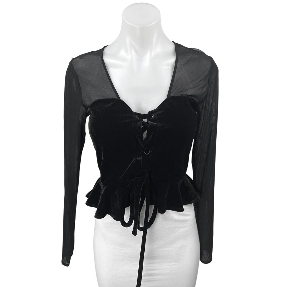 NBD Black Mesh Velour Velvet Long Sleeve Lace Up Crop Peplum Blouse Top Size S